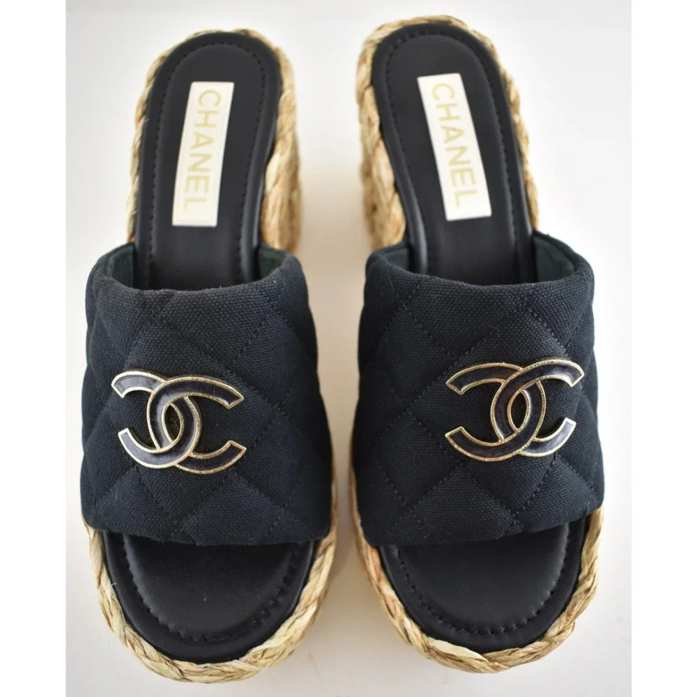 Chanel 25C Black Cotton CC Logo Platform Wedge Slide Block Heel Mule Sandal 40